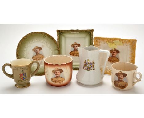 Items of Baden-Powell interest, including: Lustreware wall plaques, mug, cache pot, circular dish; Boer War related jug and t