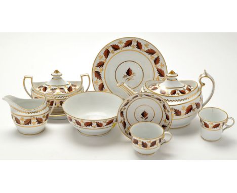 Chamberlain's Worcester part tea and coffee service, gilt lined with painted foliage in brown, comprising: teapot and cover, 