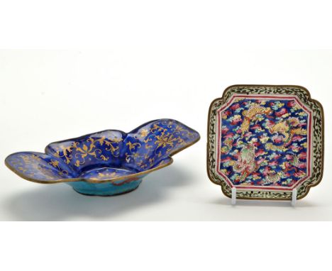 Chinese blue ground enamel quatrefoil shaped dish, decorated in gilt with foliate scrolls, the turquoise underside painted wi