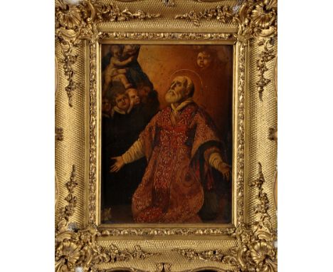 19th Century Continental School
A PORTRAIT OF A SAINT WITH THE MADONNA, CHILD AND CHERUBIM
oil on copper panel
19 x 14cms; 7 