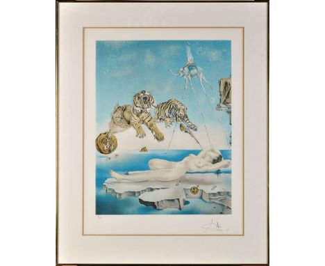 After Salvador Dali
(Spanish 1904-1989)
"DREAM CAUSED BY THE FLIGHT OF A BEE AROUND A POMEGRANATE ONE MINUTE BEFORE AWAKENING