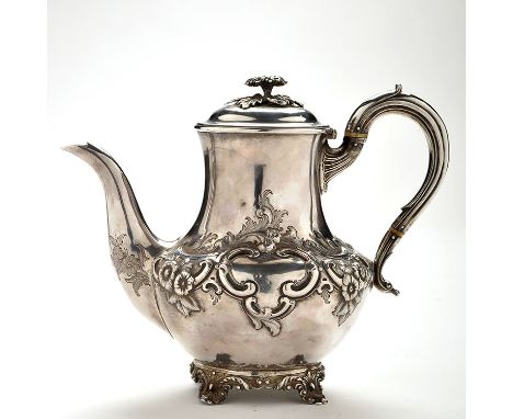 A William IV coffee pot, by Thomas Wimbush & Henry Hyde, London 1833, of shaped baluster form, embossed with foliate scrolls 
