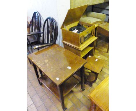 ASSORTED FURNITURE. Record player, wooden stand, trolley, small table and CD rack