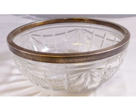 FRUIT BOWL. Cut glass hallmarked silver rimmed fruit bowl, assay marks for Birmingham 1930  D ~ 20cm 