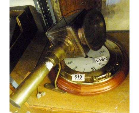 MARINE CLOCK. Wood and brass marine quartz clock and brass lantern