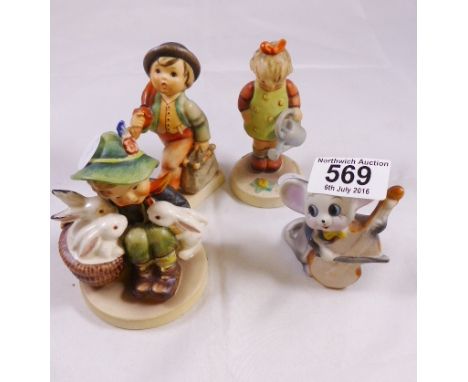 GOEBEL FIGURINES. Three Goebel figurines plus one other