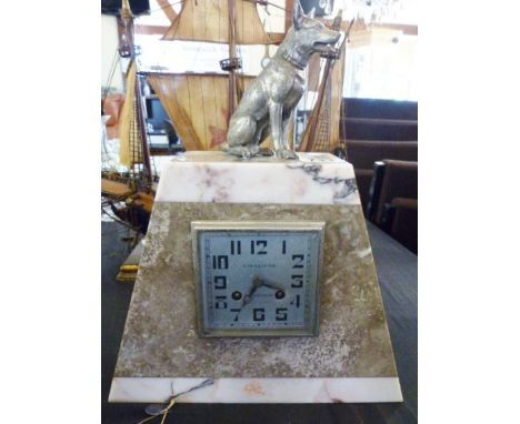 ART DECO MANTEL CLOCK. Large marble Art Deco mantel clock with cast alsatian dog decoration  H ~ 30cm 