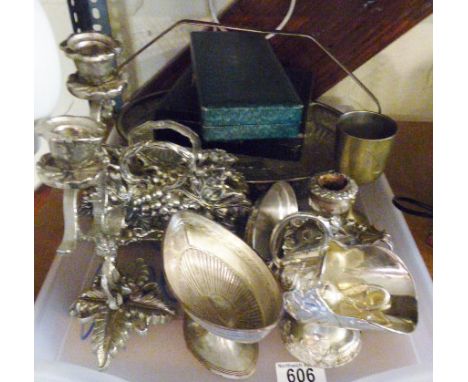 WHITE METAL ITEMS. Assortment of modern white metal items including desk tidy, candlestick and sugar shaker