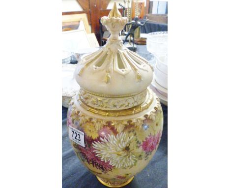 ROYAL WORCESTER VASE. Royal Worcester blush ivory vase with pierced lid, H ~ 30cm 