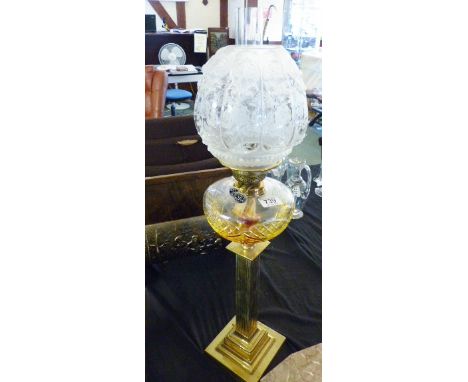 VICTORIAN OIL LAMP. Large Victorian brass column based oil lamp with glass reservoir and shade  H ~ 75cm 
