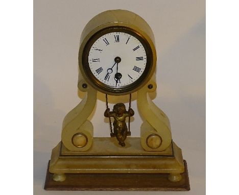 A French alabaster mantel clock by Brevette of Paris, circa late 19th/early 20th century, with gilt metal swinging putti pend