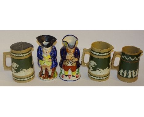 Two Victorian pottery Toby jugs, in the form of a snuff man, one example marked for Allertons, 21cm high, together with three