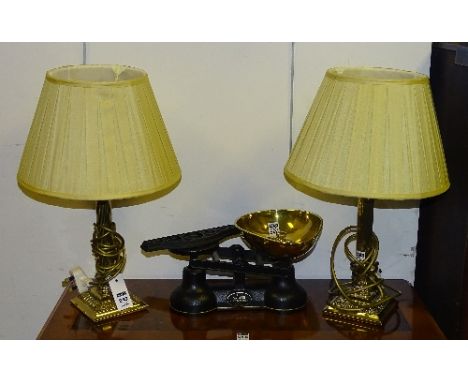 A pair of brass Corinthian style table lamps with shades, fitted for electricity, 28cm high, together with a set of salter sh