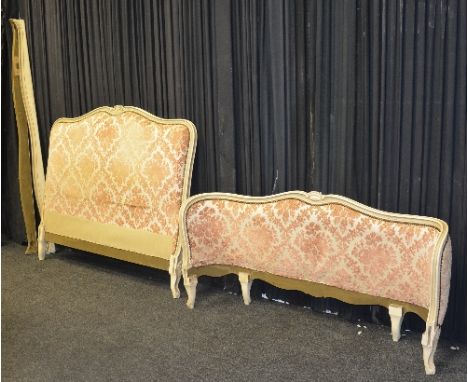 A vintage French painted double bed frame, with side rails and red velour floral panels to both ends, 5.9ft wide x 4ft high