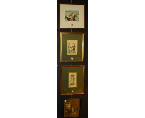 A collection of prints, to include signed coloured etching of 'Ireland' by Michael McVeigh, 18 x 22cm, pair of monkey interio