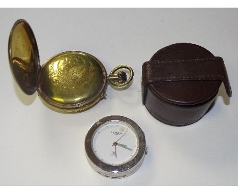 A Swiss made pocket railway timekeeper, in the form of a full hunter gilt metal cased pocket watch, with Arabic numerals to d