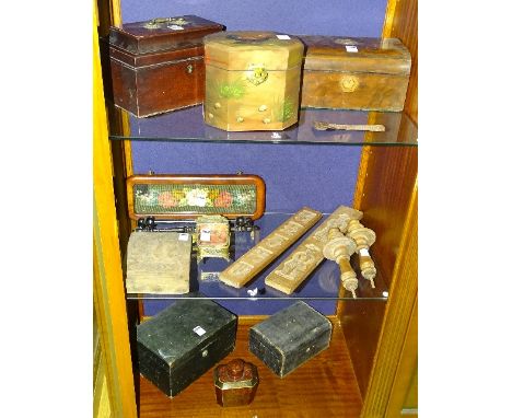 A collection of wooden and leather boxes, to include mahogany tea caddy, hand painted lacquered box decorated with cockerels,