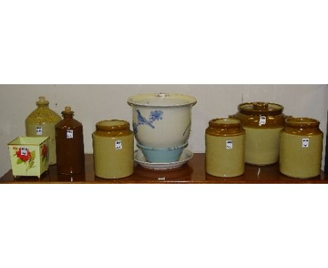 A vintage stoneware one gallon flagon stamped for Pears & Elliot Penrith, 27cm high, together with stoneware jars, pottery ja
