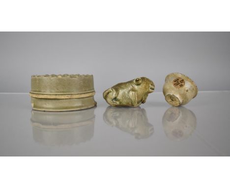 Three Pieces of Early Chinese Celadon Wares to Comprise Toad Ink Pot, 9x5cms High, Longquan Item of Circular Form, 11cms Diam