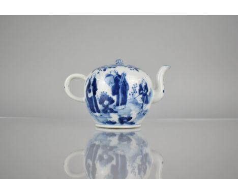 A 19th Century Chinese Porcelain Blue and White Teapot of Globular Form with Loop Handle and Scrolled Spout, Decorated with F