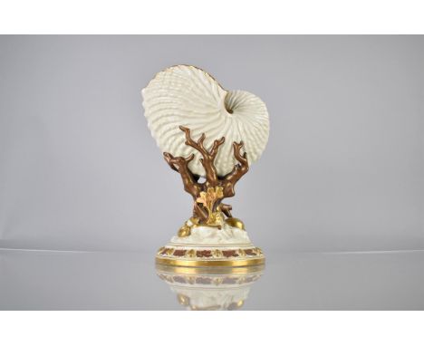 A Royal Worcester Porcelain Spoon Warmer Modelled in the Form of Shell Supported on Gilt Coral Pedestal on Naturalistic Circu