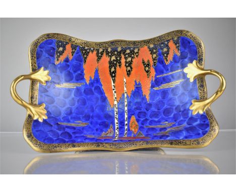 An Art Deco Carltonware Forest Tree Pattern Pedestal Dish with Twin Handles decorated in Black, Orange and White on Mottled B