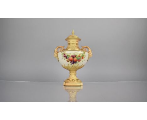 A Royal Worcester Blush Ivory Pedestal Vase decorated with Fruit and Leaves on White Ground, Body with Twin Satyr Mask Handle