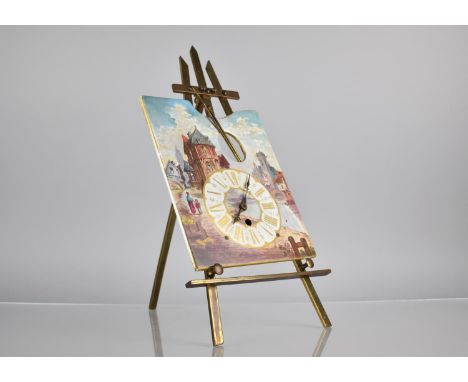 An Early 20th Century French Porcelain and Gilt Metal Easel Clock in the From of an Artist's Palette with Hand Painted Town S