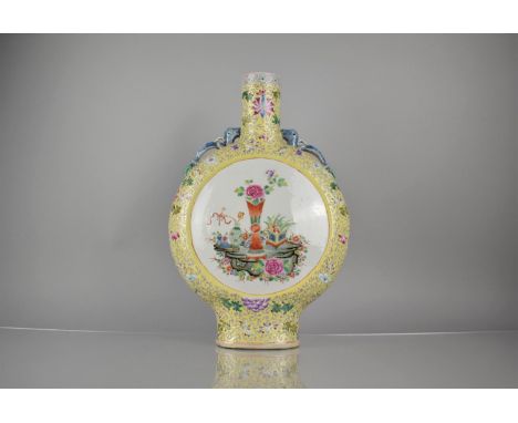 A 19th Century Chinese Porcelain Yellow Ground Famille Rose Moon Flask Decorated with Circular Cartouches Depicting Precious 