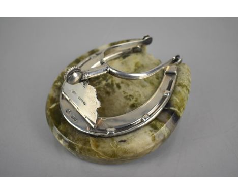An Edward VII Silver and Connemara Marble Desktop Paperweight Item in the Form of Horseshoe and Spur by Sampson Mordan, Chest