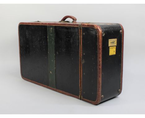 A Mid 20th Century American Suitcase by Wilt Trunk Company Chicago, Canvas and Leather and a Fitted Interior with Patent Coat