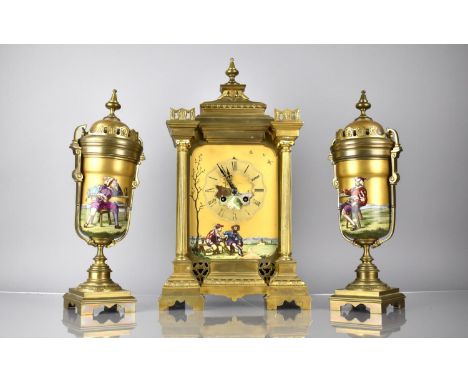 A Late 19th/Early 20th Century French Gilt Metal and Porcelain Garniture, The Clock of Architectural Form with Reeded Column 