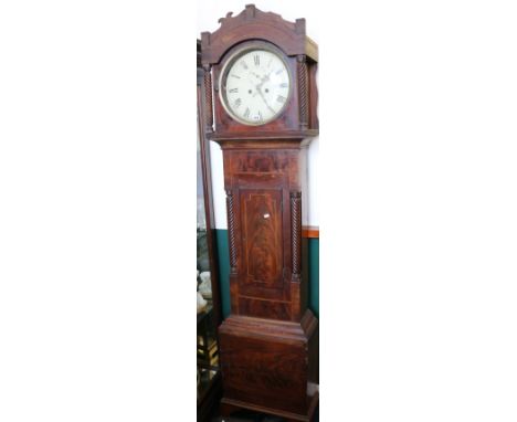 19th century mahogany longcase clock, the shaped pediment over enamelled circular dial, Roman numerals, subsidiary second dia