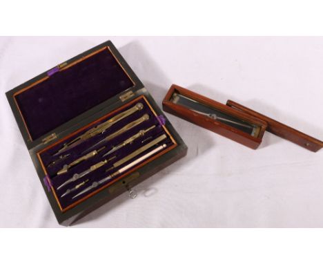 Set of architectural instruments in rosewood case and a rectangular Trench compass by C Haseler