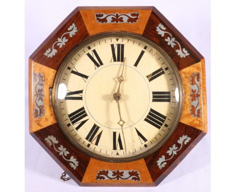 Late 19th century specimen wood octagonal wall clock with enamel face and Roman numeral chapter ring, 33cm