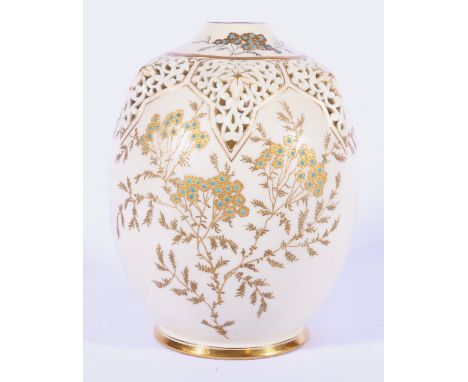 Royal China Works Worcester, part reticulated ovoid vase, with gilt foliate decoration, mark to base, 61 over G, 18cm.