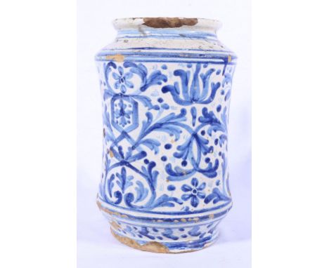 Antique Albarello jar with blue scroll floral decoration to body, mark to base D340, 27.5cm.