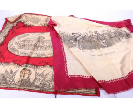 Commemorative Crimean War silk silk scarf "entitled "Our Brave Defenders" 88cm x 85cm and another in cotton depicting the Gre