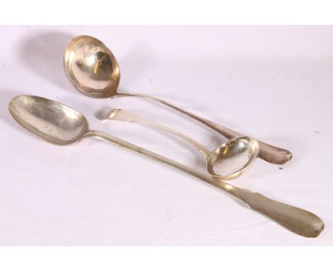 Scottish silver serving spoon c1760, a similar soup ladle and a sauce ladle of fiddle pattern, all ummarked, partly owing to 