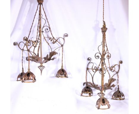 Pair of early 20th century Benson style copper and brass three branch ceiling lights, 60cm plus extension cables. CONDITION R