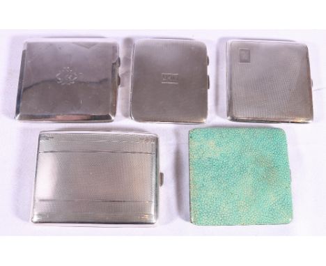 Two silver cigarette cases, engine turned, another larger, a plain case, monogrammed, 18.5oz and a shagreen covered case, 193