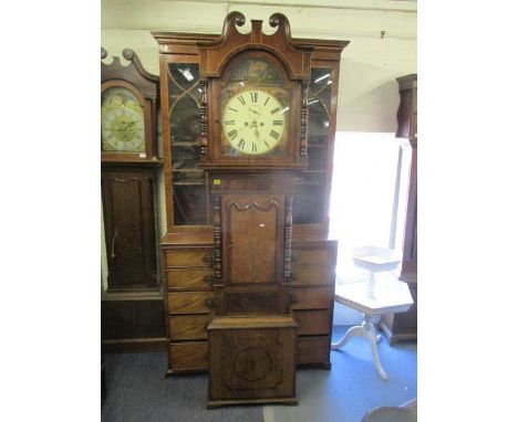 A George III long case clock, arched dial, subsidiary second hand and date aperture with a swan neck top, the dial flanked by