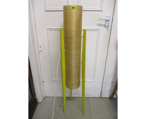 A retro tripod yellow fibreglass and wooden framed floor standing lamp 