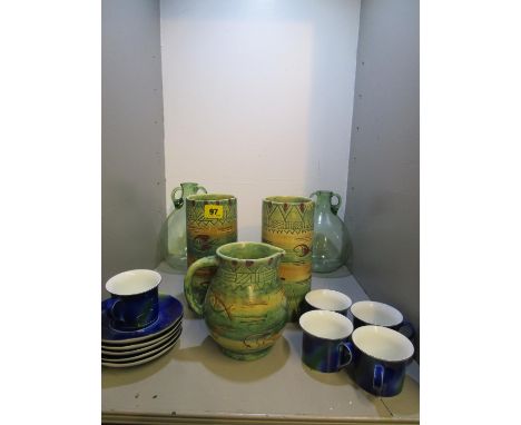 Three Mabel Leigh pieces of pottery together with Japanese cups and saucers and two bottles 