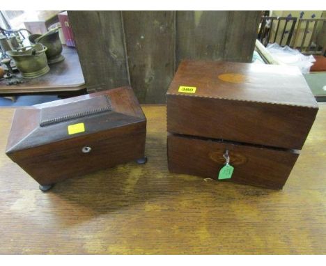 A 19th century mahogany inlaid decanter box, the interior lined into compartments with a single cut glass spirit decanter and