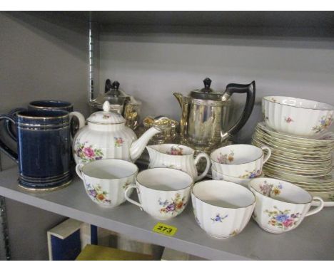A Royal Worcester Roanoke pattern teaset, a silver plated teaset on a tray and two Denby commemorative mugs 