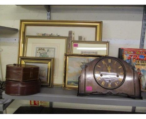 Smiths Enfield, Westminster chimes, walnut cased mantle clock with a pendulum and key, cap badges, an early 20th century navy