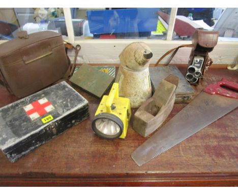 A mixed lot to include motoring items, tools, a movie camera and other items to include a B P Fabricants oil can 