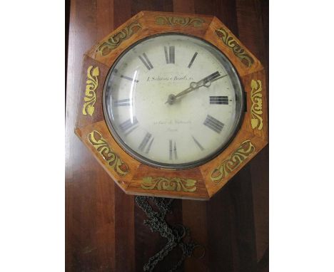 1 Schwar & Benits Co, 44 East St Walworth Road, a 19th century walnut cased wall clock with floral brass inlay, 8 7/8" white 