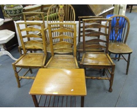 A Windsor armchair together with five Georgian ladder back chairs and a retro hall table with slatted shelf below and a misce